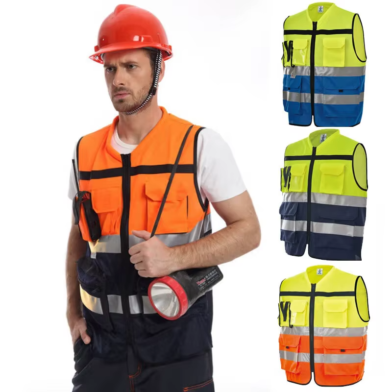 High Visibility Fluorescent Yellow Orange Reflective Safety Vest  Multi-Pocket for Airport Construction
