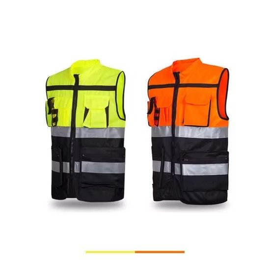 High Visibility Fluorescent Yellow Orange Reflective Safety Vest  Multi-Pocket for Airport Construction