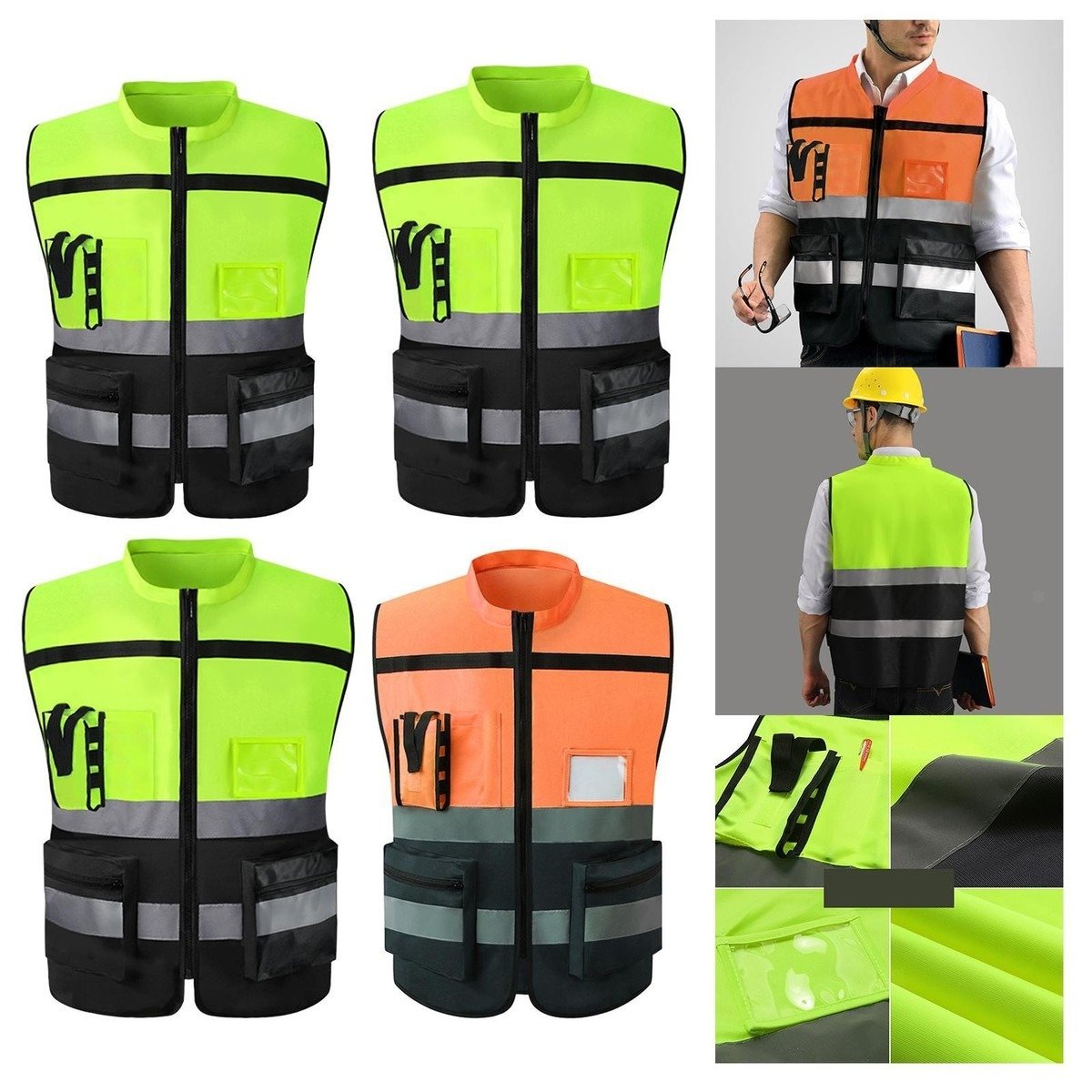 High Visibility Fluorescent Yellow Orange Reflective Safety Vest  Multi-Pocket for Airport Construction
