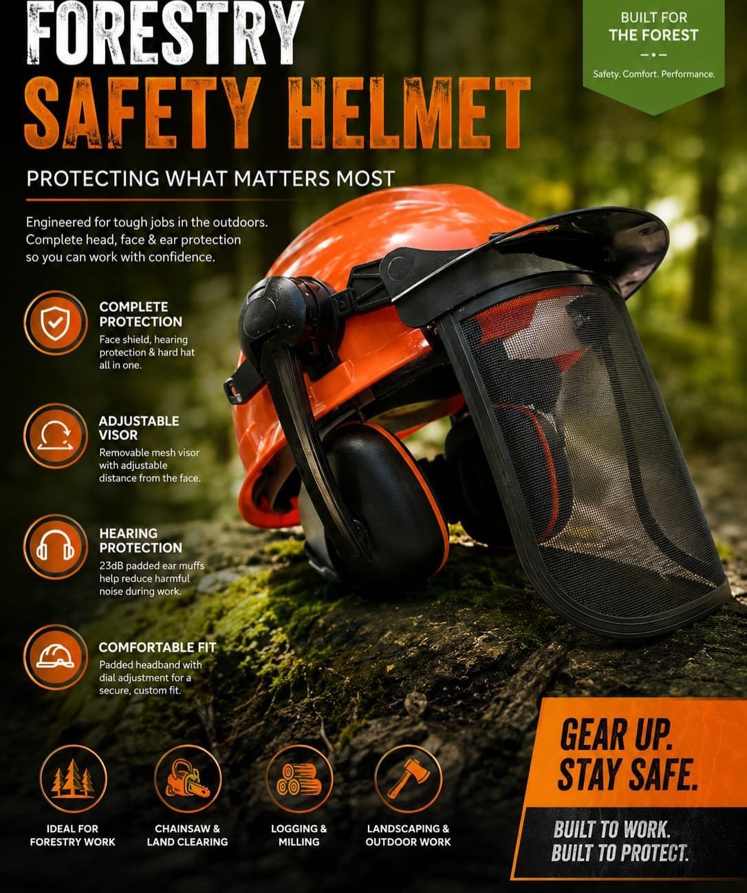 Forestry Safety Helmet with Mesh Face Shield and Ear Muffs