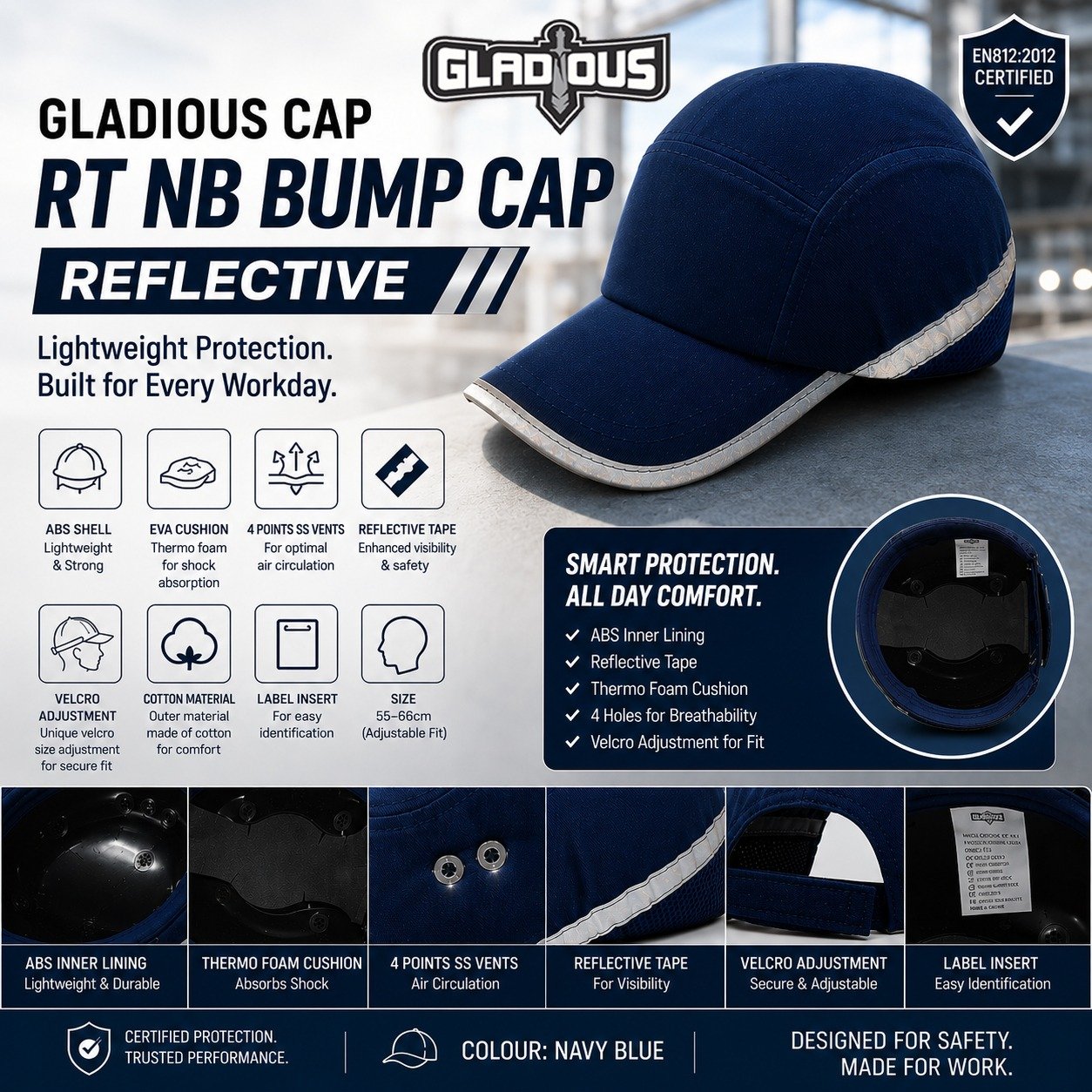 Gladious RT NB Reflective Bump Cap - Navy Blue